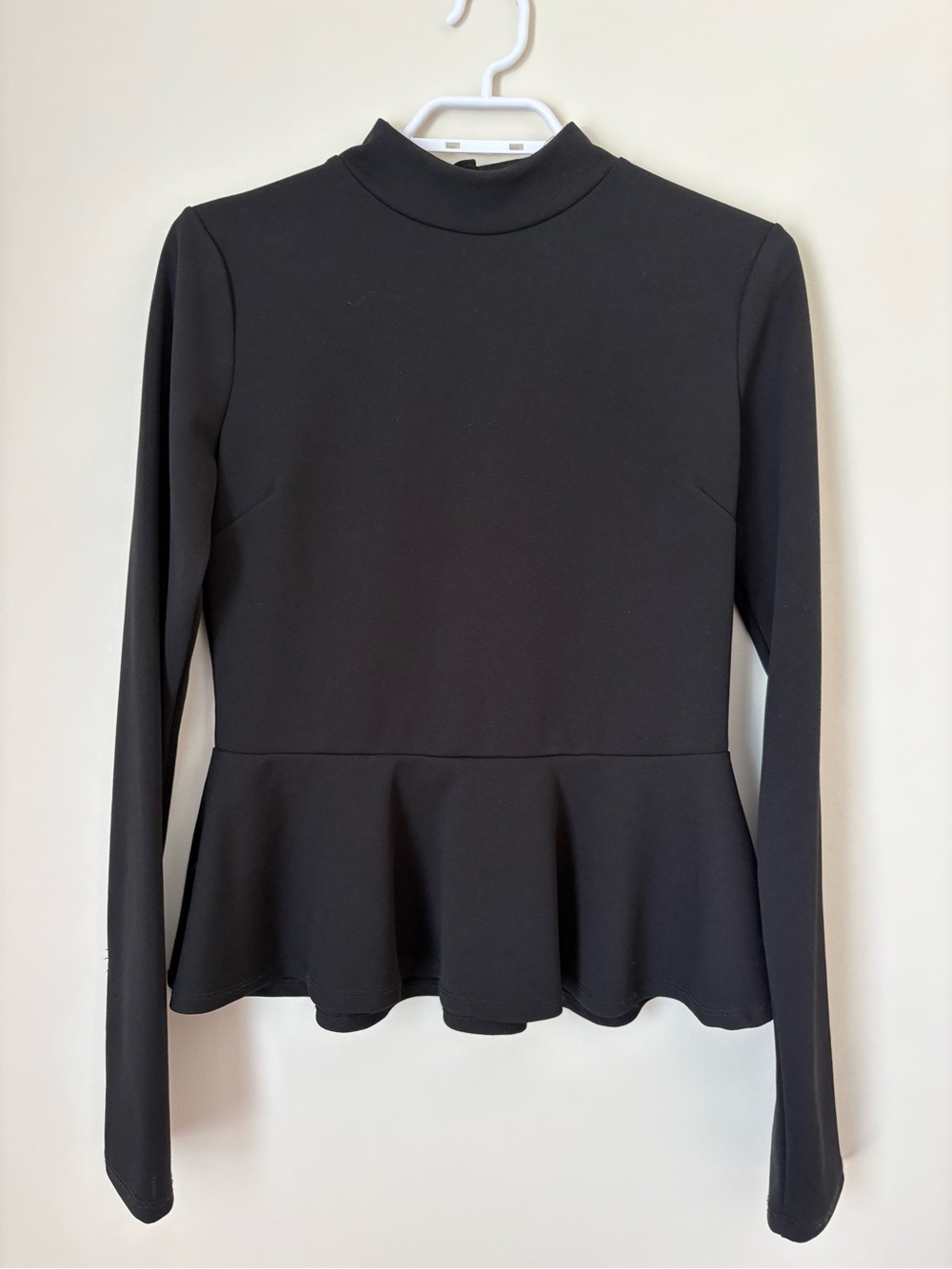 Revamped Black Long-Sleeve Peplum Mock Neck Top